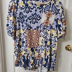Cupio Plus Size 3X Short Sleeve Ikat Patchwork Print Blouse with Ruffle Trim